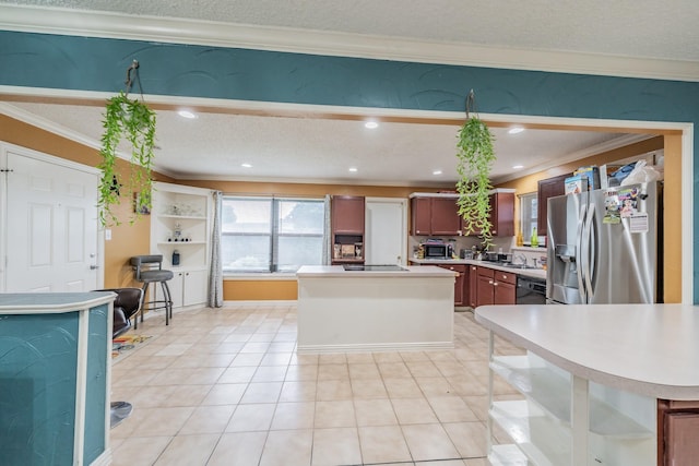 713 Keystone St, Mesquite, TX 75149 - kitchen with black appliances, open shelves, plenty of natural light, light countertops, and ornamental molding