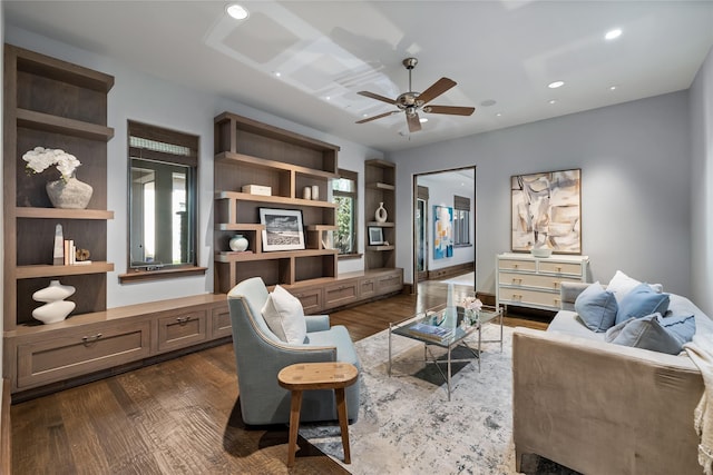 3619 Harvard Ave, Highland Park, TX 75205 - living room featuring a ceiling fan, dark wood finished floors, and recessed lighting