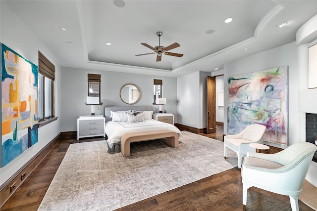 3619 Harvard Ave, Highland Park, TX 75205 - bedroom with a raised ceiling, recessed lighting, dark wood-style flooring, and multiple windows
