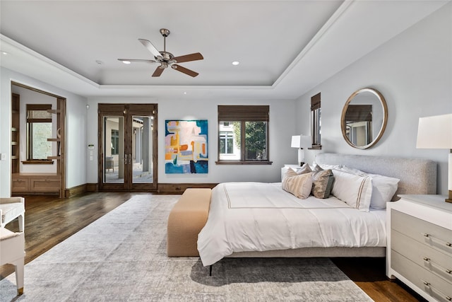 3619 Harvard Ave, Highland Park, TX 75205 - bedroom with a raised ceiling, dark wood-style flooring, recessed lighting, and a ceiling fan