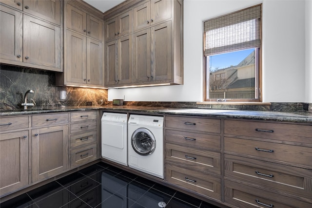 3619 Harvard Ave, Highland Park, TX 75205 - laundry room featuring washing machine and clothes dryer, cabinet space, and dark tile patterned flooring