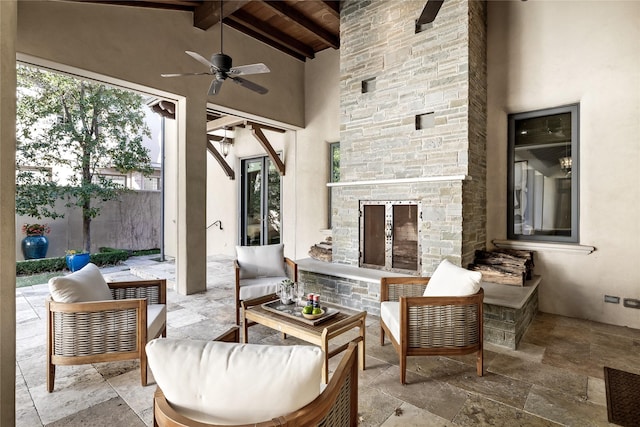 3619 Harvard Ave, Highland Park, TX 75205 - view of patio / terrace featuring ceiling fan and an outdoor living space with a fireplace