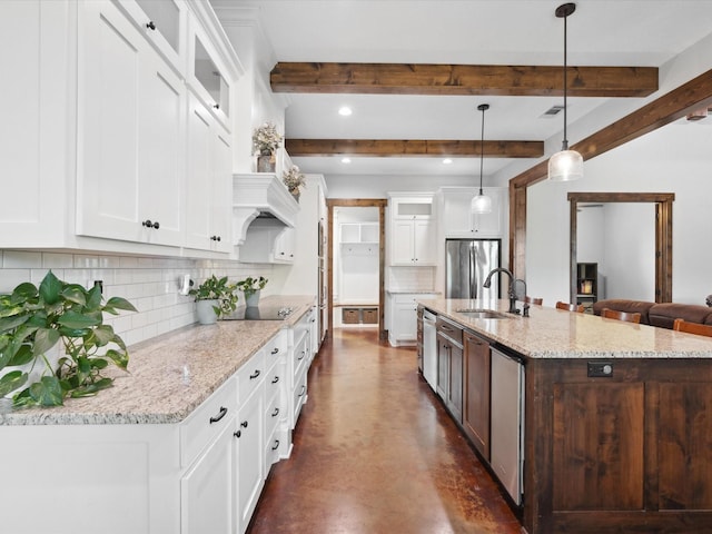 3628 S Fm 1655, Chico, TX 76431 - kitchen featuring backsplash, freestanding refrigerator, white cabinetry, recessed lighting, and glass insert cabinets