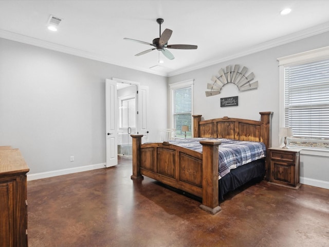 3628 S Fm 1655, Chico, TX 76431 - bedroom featuring concrete floors, multiple windows, crown molding, recessed lighting, and ceiling fan