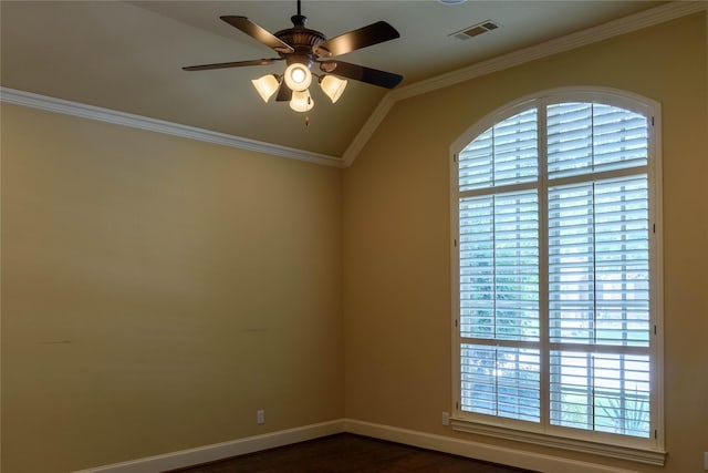 11819 Coronado Trl, Frisco, TX 75033 - spare room featuring vaulted ceiling, a ceiling fan, ornamental molding, and dark wood finished floors