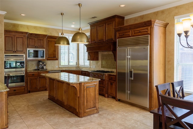 11819 Coronado Trl, Frisco, TX 75033 - kitchen featuring built in appliances, decorative backsplash, light stone countertops, a center island, and recessed lighting