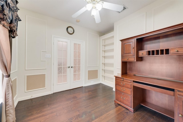 1907 New Haven Rd, Grapevine, TX 76051 - unfurnished office with french doors, dark wood-type flooring, a ceiling fan, and built in shelves