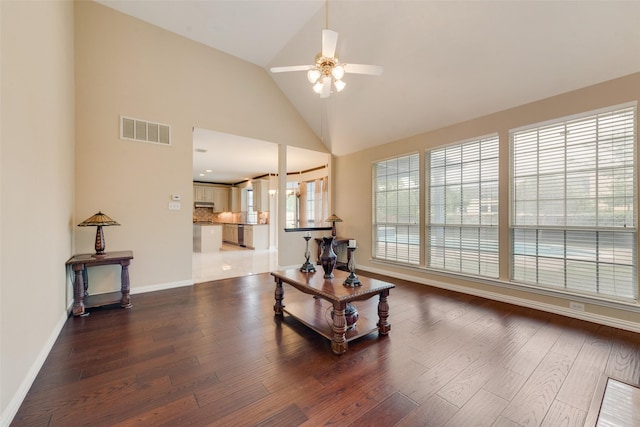 1907 New Haven Rd, Grapevine, TX 76051 - living room featuring ceiling fan, wood finished floors, and high vaulted ceiling