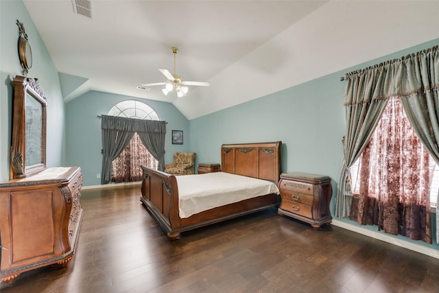 1907 New Haven Rd, Grapevine, TX 76051 - bedroom with vaulted ceiling, dark wood-style floors, and a ceiling fan