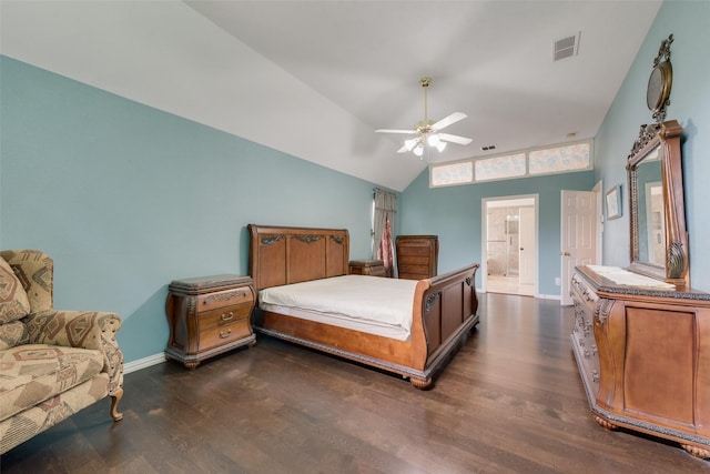 1907 New Haven Rd, Grapevine, TX 76051 - bedroom with lofted ceiling, dark wood-type flooring, connected bathroom, and a ceiling fan