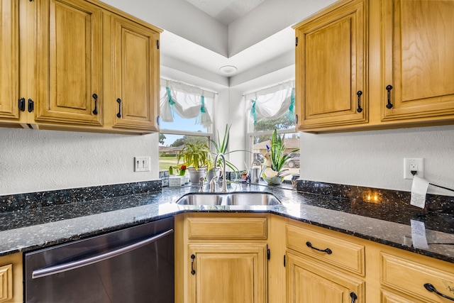 1638 Glencairn Ln, Lewisville, TX 75067 - kitchen with stainless steel dishwasher, dark stone counters, brown cabinetry, and a textured wall