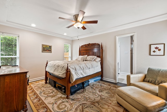 1638 Glencairn Ln, Lewisville, TX 75067 - bedroom featuring multiple windows, crown molding, wood finished floors, recessed lighting, and ceiling fan
