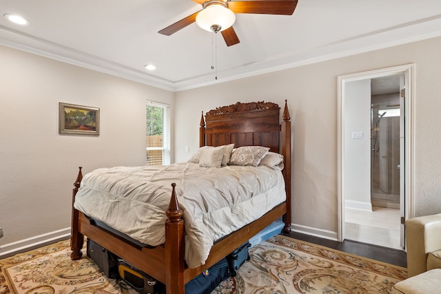 1638 Glencairn Ln, Lewisville, TX 75067 - bedroom featuring ornamental molding, recessed lighting, wood finished floors, and ceiling fan