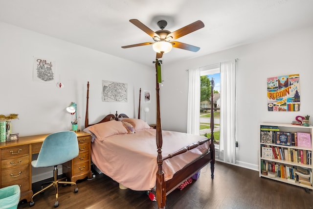 1638 Glencairn Ln, Lewisville, TX 75067 - bedroom with dark wood-style flooring, ceiling fan, and an office area