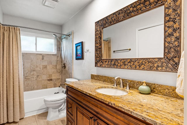 1638 Glencairn Ln, Lewisville, TX 75067 - bathroom featuring vanity, shower / bath combo with shower curtain, and tile patterned floors