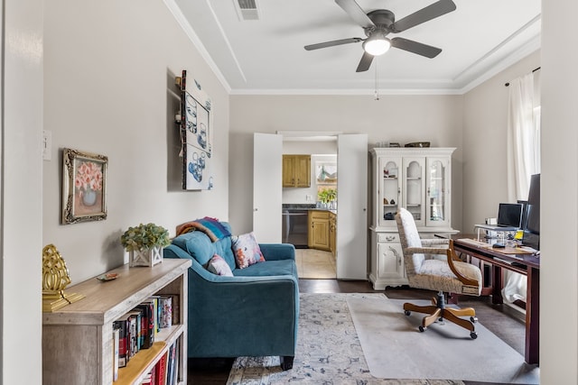 1638 Glencairn Ln, Lewisville, TX 75067 - office space featuring a ceiling fan, crown molding, and wood finished floors