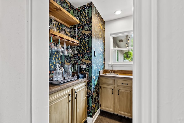 1638 Glencairn Ln, Lewisville, TX 75067 - bar with wallpapered walls and wood finished floors