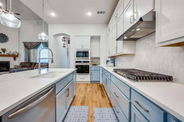 4017 Prickly Pear Ave, Aubrey, TX 76227 - kitchen with appliances with stainless steel finishes, blue cabinets, ventilation hood, light countertops, and recessed lighting