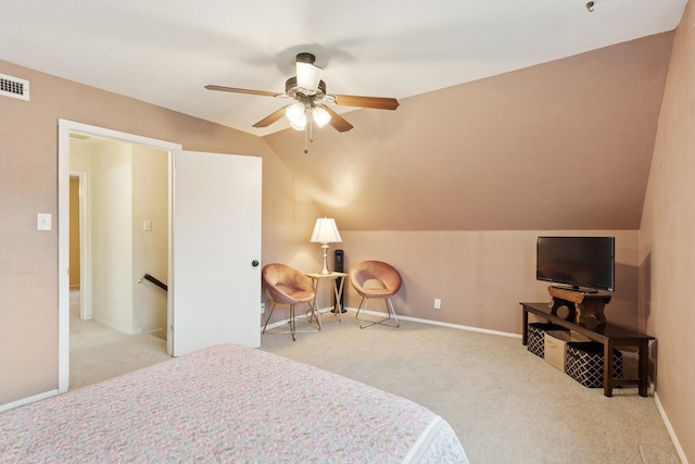2318 Valleywood Dr, Carrollton, TX 75006 - bedroom with carpet, lofted ceiling, and a ceiling fan