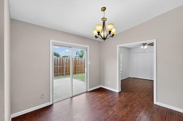 5644 Powers St, The Colony, TX 75056 - empty room with a chandelier, dark wood-style floors, and ceiling fan