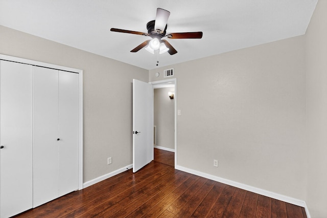 5644 Powers St, The Colony, TX 75056 - unfurnished bedroom featuring a closet, wood-type flooring, and ceiling fan