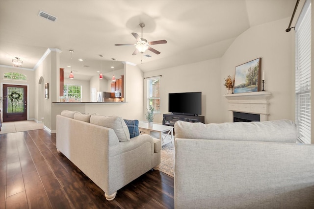 1224 Shelley Dr, Burleson, TX 76028 - living room with dark wood-style floors, a fireplace, and a ceiling fan