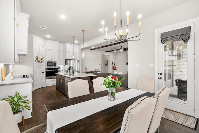 618 Sophia St, Midlothian, TX 76065 - dining area with a chandelier, dark wood-style flooring, recessed lighting, and ceiling fan