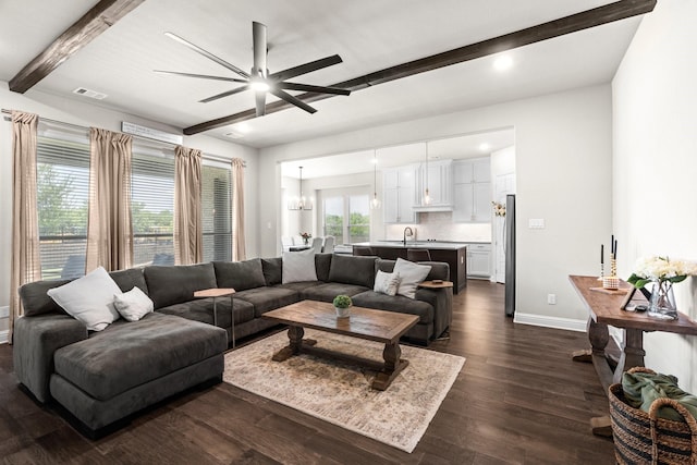 618 Sophia St, Midlothian, TX 76065 - living area with beamed ceiling, a ceiling fan, dark wood finished floors, a chandelier, and recessed lighting