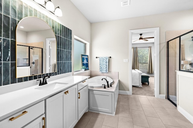 618 Sophia St, Midlothian, TX 76065 - full bath with a bath, vanity, a shower stall, tile patterned floors, and ceiling fan