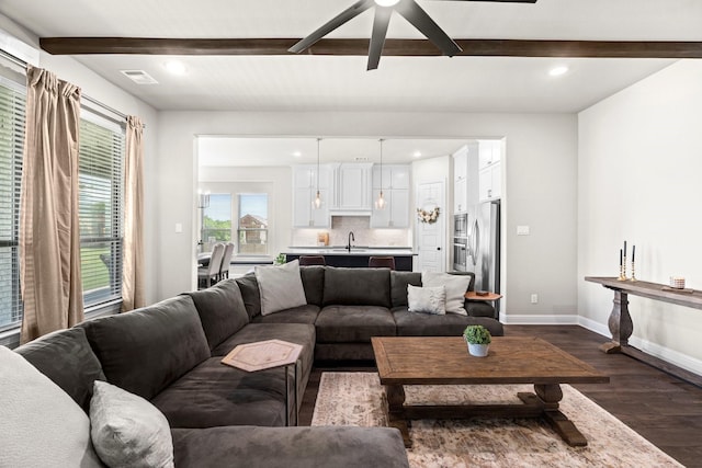 618 Sophia St, Midlothian, TX 76065 - living room featuring dark wood-style floors, beamed ceiling, ceiling fan, and recessed lighting
