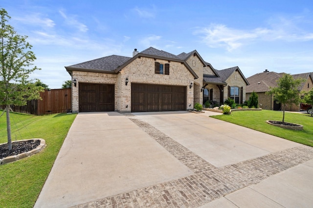 618 Sophia St, Midlothian, TX 76065 - french country home with an attached garage, brick siding, concrete driveway, and a chimney