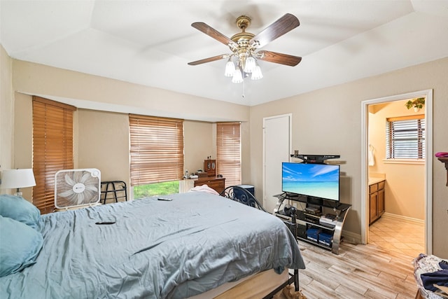 406 Anice Ln, Euless, TX 76039 - bedroom with light wood-style floors, ensuite bathroom, and a ceiling fan