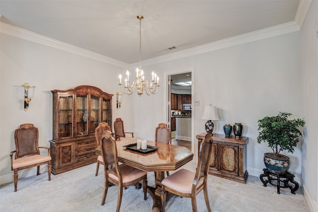 128 Country Club Dr, Heath, TX 75032 - dining area with a chandelier, light colored carpet, and ornamental molding