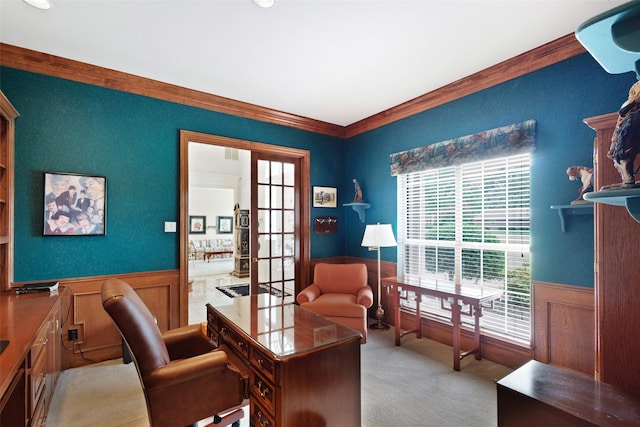 128 Country Club Dr, Heath, TX 75032 - office space featuring a wainscoted wall, crown molding, and light carpet
