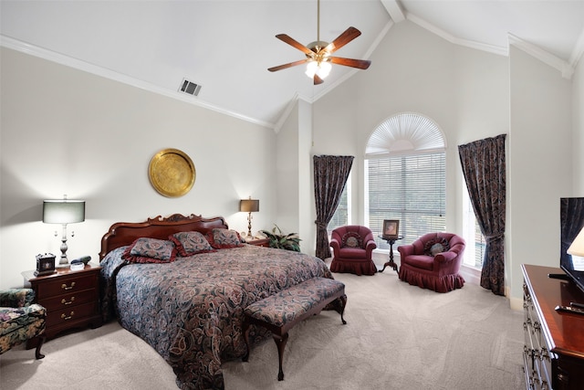 128 Country Club Dr, Heath, TX 75032 - bedroom featuring carpet, high vaulted ceiling, beamed ceiling, ornamental molding, and ceiling fan