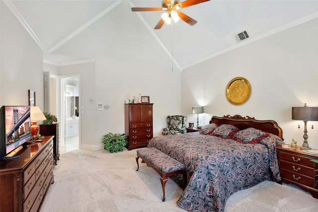 128 Country Club Dr, Heath, TX 75032 - bedroom featuring high vaulted ceiling, light carpet, crown molding, and ceiling fan