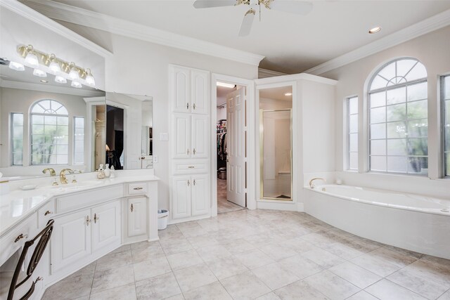 128 Country Club Dr, Heath, TX 75032 - full bath featuring a spacious closet, a garden tub, crown molding, vanity, and a stall shower