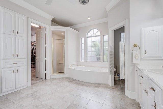 128 Country Club Dr, Heath, TX 75032 - full bath featuring crown molding, a garden tub, a shower stall, vanity, and a walk in closet