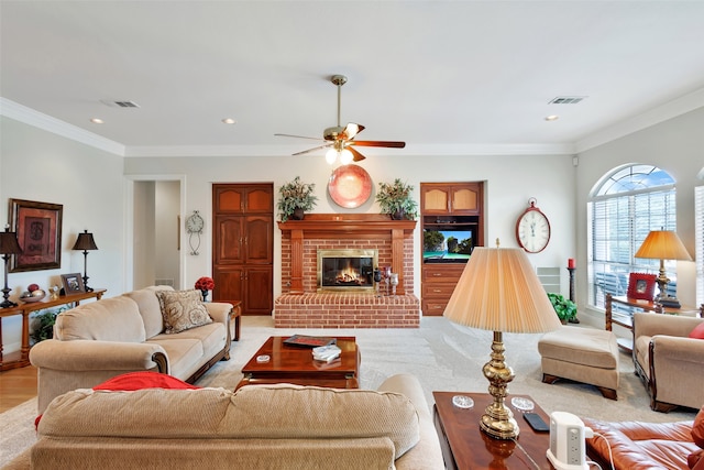 128 Country Club Dr, Heath, TX 75032 - living room featuring ceiling fan, ornamental molding, a brick fireplace, and recessed lighting