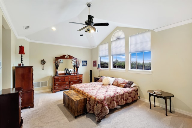 128 Country Club Dr, Heath, TX 75032 - bedroom with light carpet, lofted ceiling, a ceiling fan, and crown molding