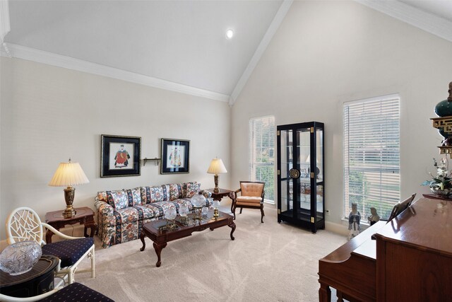 128 Country Club Dr, Heath, TX 75032 - carpeted living room with high vaulted ceiling and crown molding