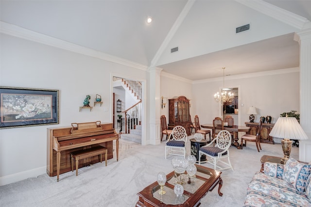 128 Country Club Dr, Heath, TX 75032 - living room with stairs, ornate columns, light carpet, a chandelier, and ornamental molding