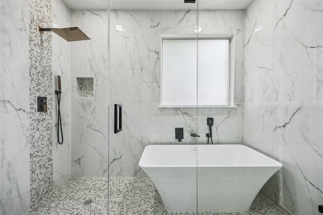 15578 Wrangler Dr, Frisco, TX 75035 - full bathroom featuring a freestanding bath and a marble finish shower