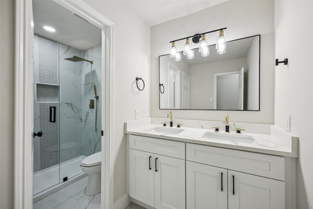 15578 Wrangler Dr, Frisco, TX 75035 - full bathroom featuring a marble finish shower, marble finish floors, and double vanity