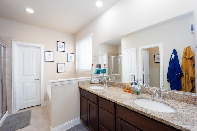 3508 Cooke Ln, Melissa, TX 75454 - full bathroom featuring a shower stall, double vanity, tile patterned flooring, a bath, and recessed lighting