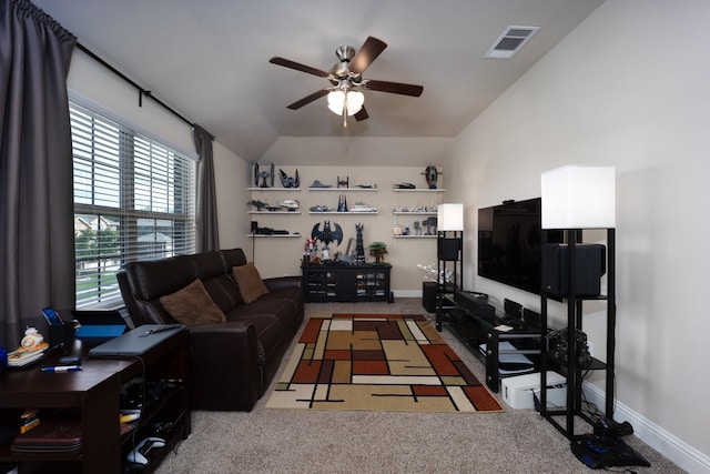 3508 Cooke Ln, Melissa, TX 75454 - carpeted living room featuring ceiling fan and lofted ceiling