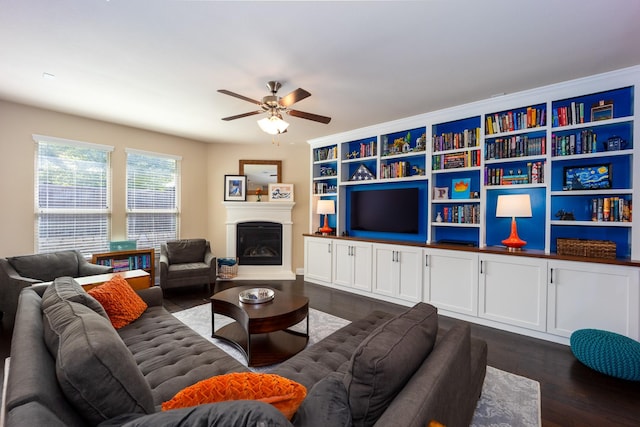 3508 Cooke Ln, Melissa, TX 75454 - living area with ceiling fan, dark wood-style flooring, and a glass covered fireplace