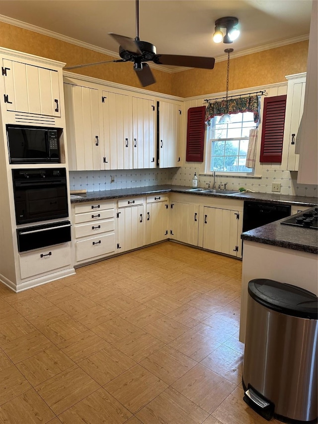 509 E Main St, Mexia, TX 76667 - kitchen featuring a warming drawer, black appliances, dark countertops, decorative backsplash, and ceiling fan