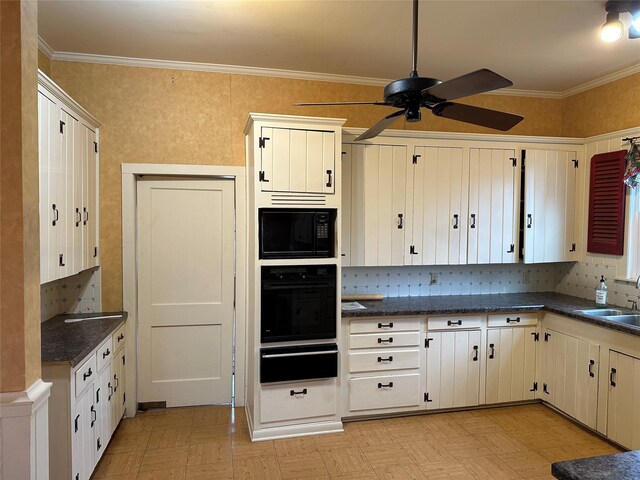 509 E Main St, Mexia, TX 76667 - kitchen featuring black appliances, a warming drawer, ceiling fan, decorative backsplash, and ornamental molding