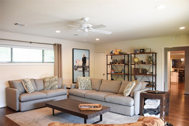 2542 Woodmere Dr, Dallas, TX 75233 - living room featuring wood finished floors, a ceiling fan, and recessed lighting